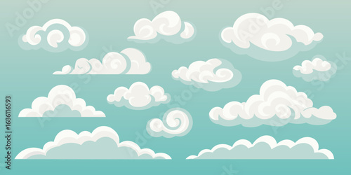 Collection of stylized white clouds floating in a clear blue sky
