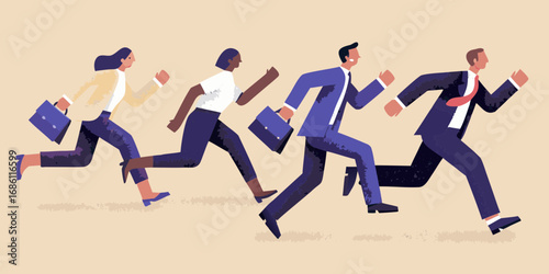 Diverse group of business professionals in suits running forward with briefcases in a race for success