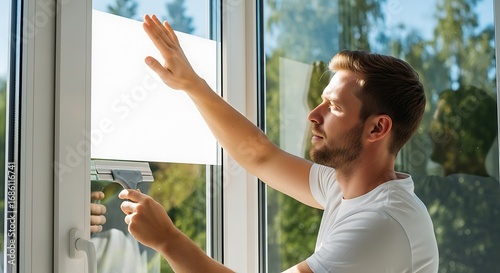 Man Applying Tint Film to Glass Window Surface