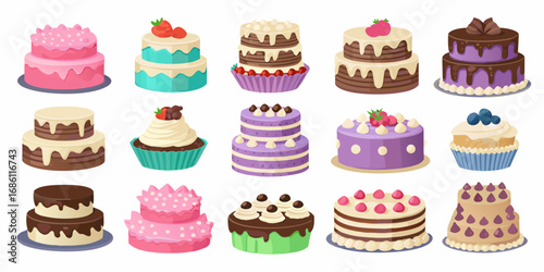 A collection of deliciously decorated cakes and cupcakes in a variety of colors and flavors