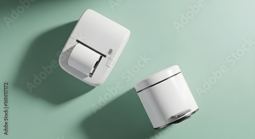 Two white modern home appliances a thermal printer and a pedal bin displayed against a light green