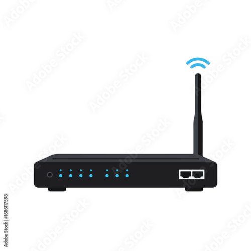 Black router with antenna emitting blue signal waves The front panel has several blue status lights