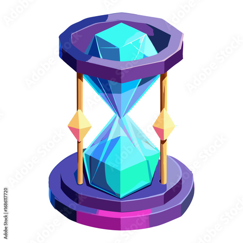 An ornate, isometric hourglass is depicted with a base and top of a purple, futuristic material. Inside, instead of sand, a faceted, glowing blue crystal is suspended, representing concepts of magic,
