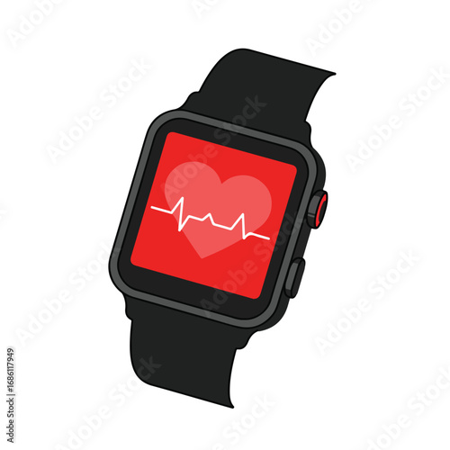 Black smartwatch displaying a red heart rate graph The screen also shows a heart The watch has a black band and buttons
