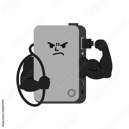 Cartoon power bank with muscular arm flexing a charging cable plug Another arm holds the cable The bank has an angry face