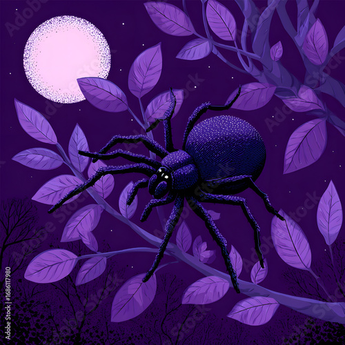 A mysterious dark spider with glowing eyes on a purple branch.