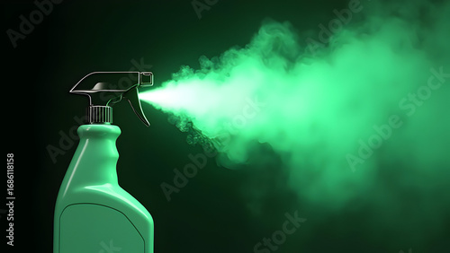Glowing green haze escaping spray bottle emphasizing pest control