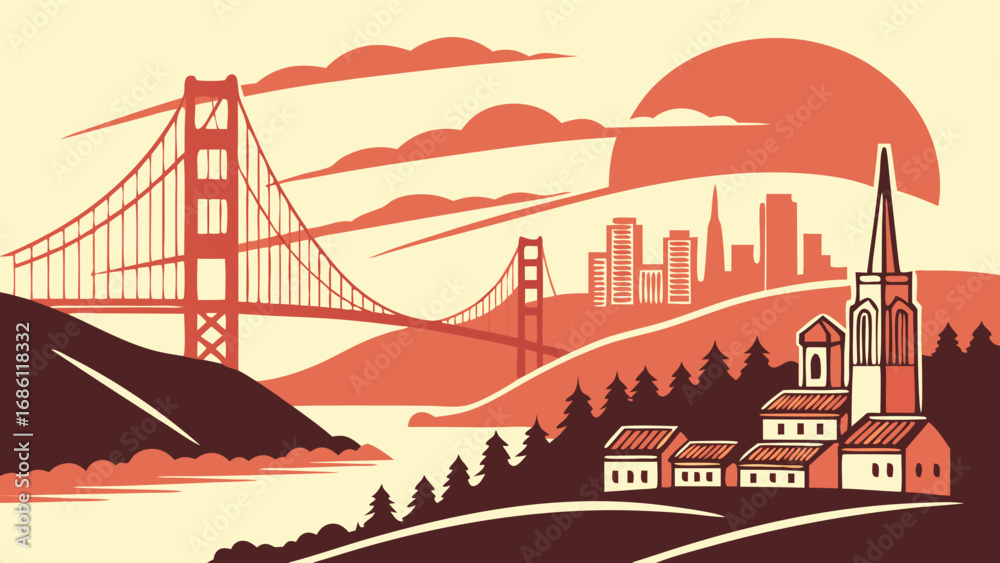 Obraz premium Iconic golden gate bridge over water with city and church in background. Perfect for travel blogs, california tourism, or architectural designs.