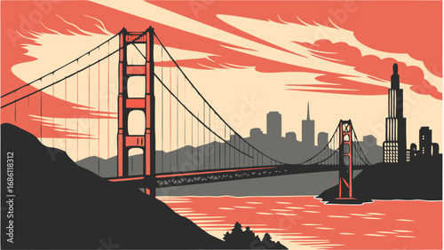 Golden gate bridge showcases san franciscos skyline, a testament to engineering. Suitable for travel brochures, posters, and website banners.