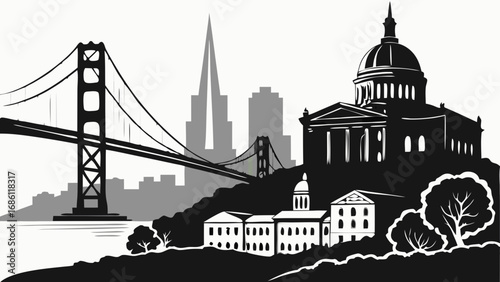 Golden gate bridge silhouette in san francisco skyline, suitable for travel, cityscape, tourism, or engineeringrelated design projects.