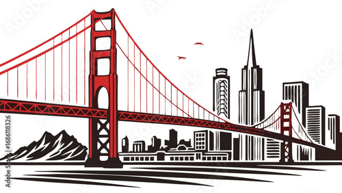 Golden gate bridges iconic silhouette against san franciscos skyline during golden hour. Perfect for travel brochures, website backgrounds, and cityscapethemed designs.