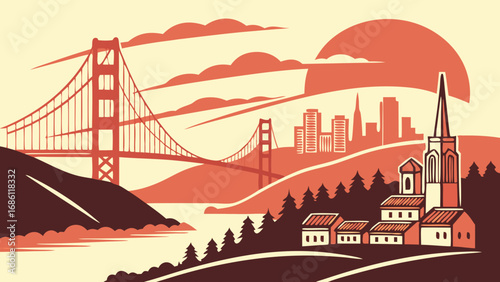 Iconic golden gate bridge over water with city and church in background. Perfect for travel blogs, california tourism, or architectural designs.