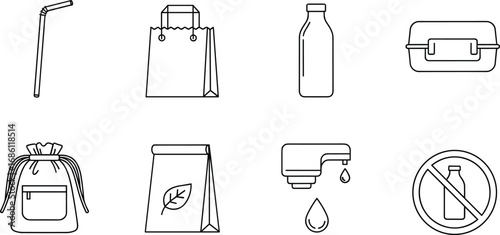 Eco icons, sustainability symbols, reusable items, zero waste lifestyle, water conservation, plastic ban, green living, eco-friendly choices, environmental awareness, minimal waste