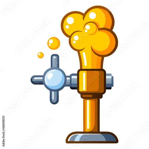 A golden beer tap with a flowing head of foam. The foam is bubbly and frothy, with liquid bubbles floating around the tap handle, symbolizing a fresh, cold, and refreshing draft beer.