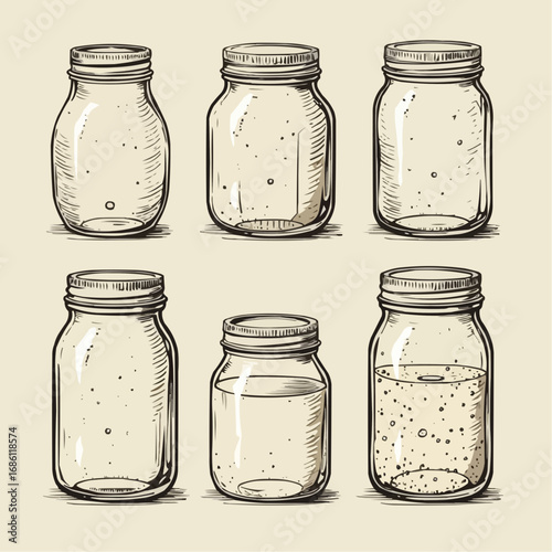 Hand-drawn illustration of six glass jars in various states on a light beige background representing storage concept