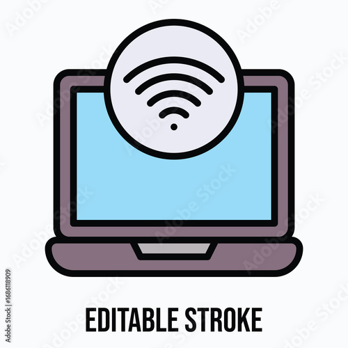 Wi-Fi Signal on Laptop Screen Isolated Vector Lineal Color Style Icon, Editable Stroke