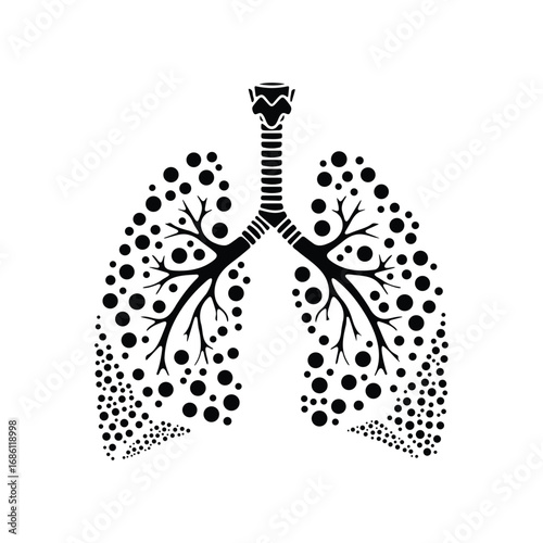 Human lungs depicted with black dots showing respiratory system in minimalist style, representing health and anatomy on white backdrop.