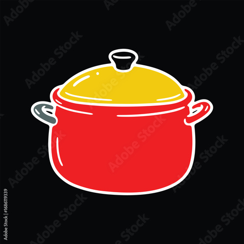 Red cooking pot with yellow lid sits on a black surface, ready for culinary creations in a kitchen setting, showcasing simplicity and vibrancy.