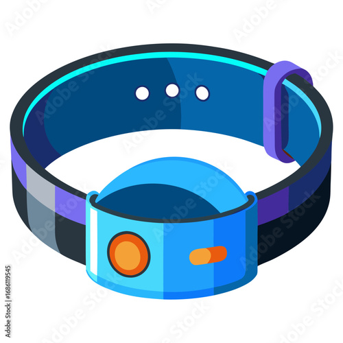 Futuristic smart wearable bracelet with a bold blue and purple design and an orange button, ideal for activity tracking or digital access.