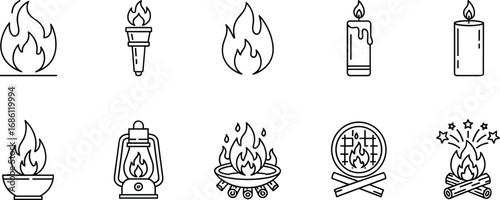 Fire icons, flame symbols, candle, torch, campfire, lantern, sparkler, grill, line art, blue style, vector, minimal, illustration, burning, heat, light, energy, celebration, safety, design