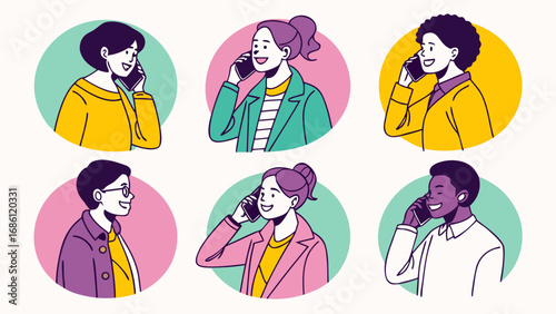 Diverse group of people talking on cell phones in colorful circles