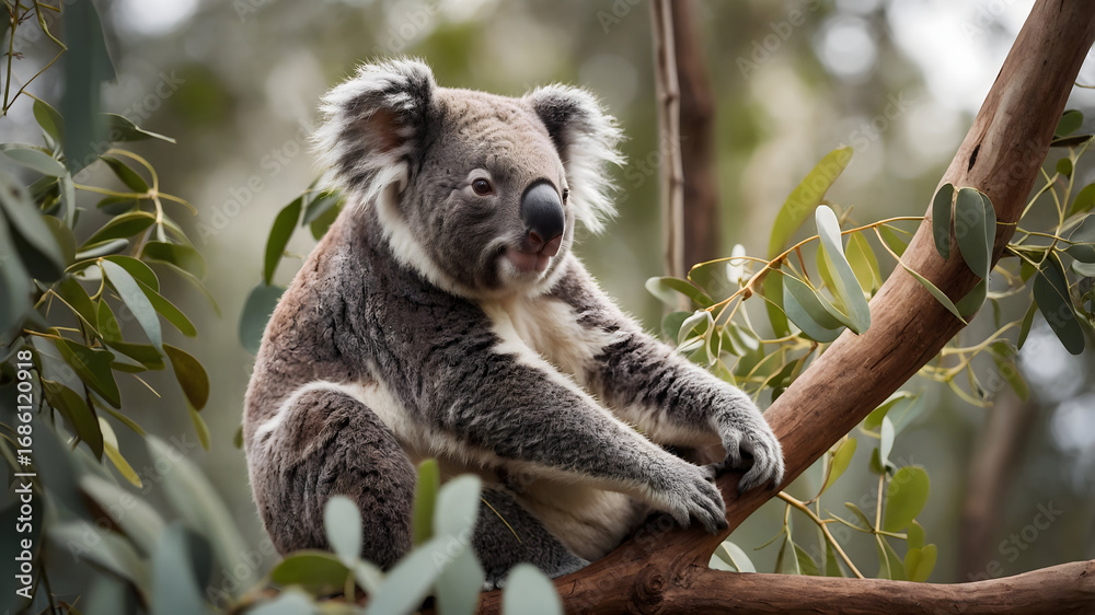 Fototapeta premium Koala climbing eucalyptus tree australian forest background wildlife photography natural habitat close-up view