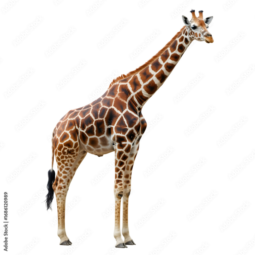 Naklejka premium Elegant giraffe standing tall, a majestic creature with a distinctive patterned coat, perfect for educational resources and wildlife conservation campaigns, showcasing the beauty of African wildlife