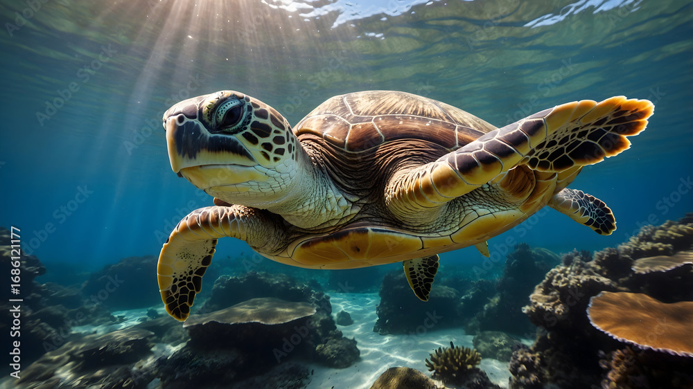 Fototapeta premium Turtle swimming in coral reef underwater background wildlife photography tranquil environment close-up view