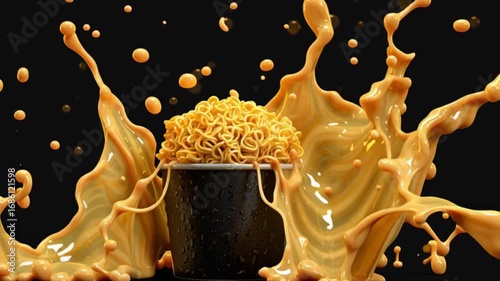 Ramen cup with liquid splash Noodles on top set against a black backdrop