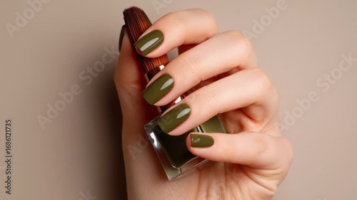 Hand holds a green nail polish bottle with matching manicure against a neutral background