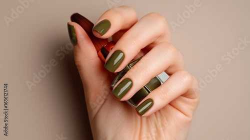 A hand holds a bottle of green nail polish with matching polish on the fingernails