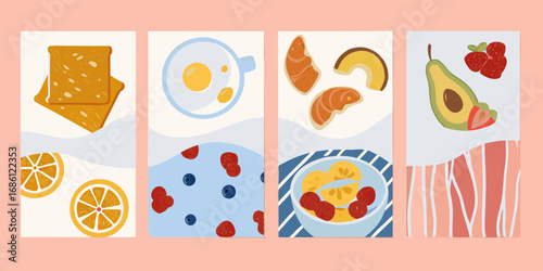 A collection of four vertical panels featuring delicious breakfast foods and fruits in a flat design style