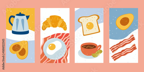 Whimsical flat illustration of breakfast foods including coffee bacon eggs avocado and croissant