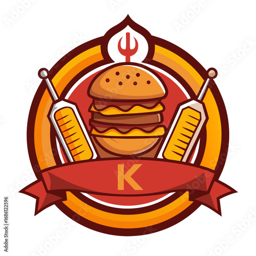 Burger restaurant emblem with a k and utensils