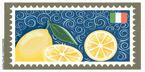Italian postage stamp featuring fresh lemons and a swirling blue background