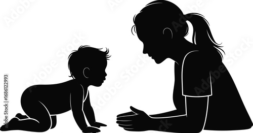 Silhouette of mother playing with baby, crawling toddler, bonding moment, family love, parent and child interaction on white background illustration.
