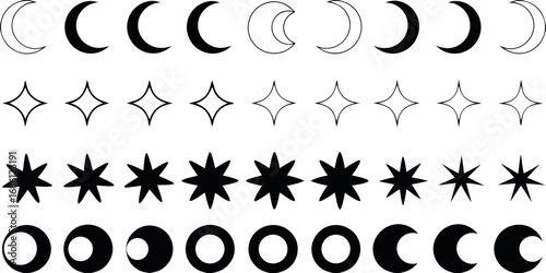 Collection of celestial icons featuring moon phases stars and abstract shapes on white background