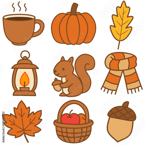 Autumn icon set featuring pumpkin, coffee cup, leaf, lantern, squirrel, scarf, maple leaf, fruit basket, and acorn. Cute vector illustration for seasonal design and decoration.