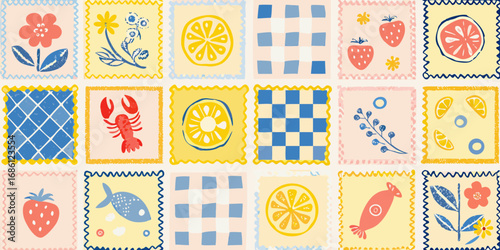 Colorful vintage stamp pattern featuring fruits flowers lobster fish and geometric designs
