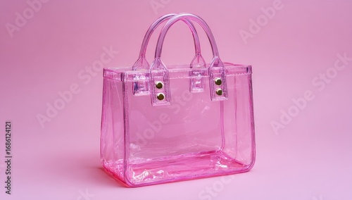 Pink transparent tote bag on pink background