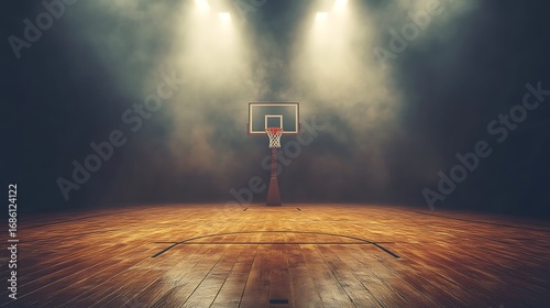 A basketball hoop stands on a wooden court illuminated by spotlights in a smoky atmosphere scene