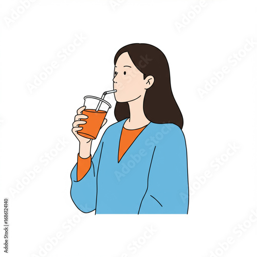 Illustrative depiction of a young woman enjoying a refreshing beverage, taking a casual sip from her drink with a straw in a moment of relaxation and daily routine