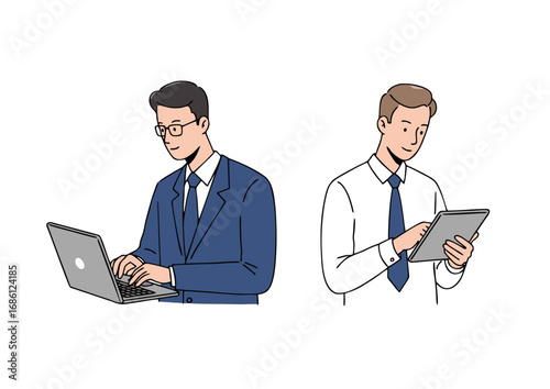 Two businessmen working on laptops and tablets, demonstrating modern business operations and technology integration