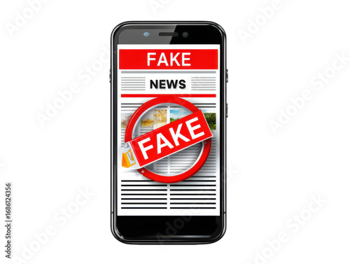 Fake News Alert on Smartphone: A close-up view of a smartphone displaying the alarming headline FAKE NEWS, a digital visual warning about the spread of misinformation in a connected world.