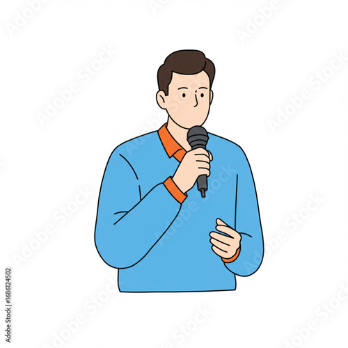 Hand-drawn illustration of a male presenter holding a microphone. Concept art for public speaking, interviews, or performance
