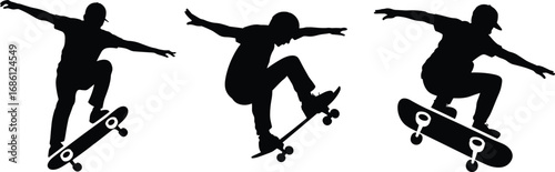 Silhouette of skateboarders performing aerial tricks, extreme street sports concept, urban youth action scene, black vector illustration with bold dynamic energy