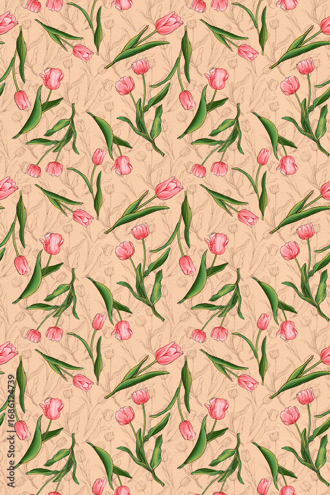 Fototapeta premium Tulips pattern on tulips line drawing, cream background.