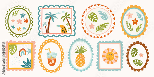 Collection of cute tropical themed decorative frames with illustrations of palm trees toucan pineapple sun and flowers