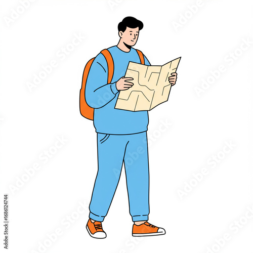 Vector illustration of a young male traveler with a backpack intently studying a paper map, symbolizing adventure, exploration, and wayfinding