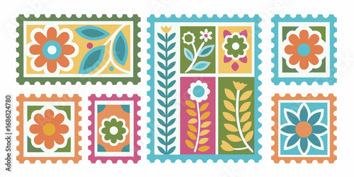 Collection of colorful postage stamps featuring stylized floral designs and folk art patterns